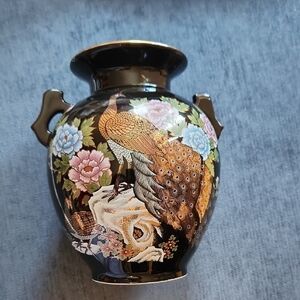 Vtg Japanese Elegant Black Porcelain Vase with Peacock Design 8.5" Tall